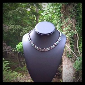 SUBSTANTIAL SOLID Sterling Silver Turquoise Inlay Choker TAXCO ARTISAN HAND-MADE